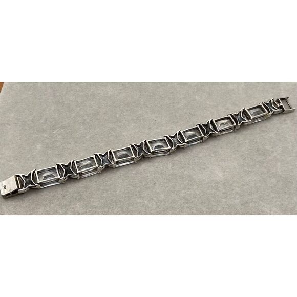 Gorgeous 925 SS Emerald Cut Sim Diamond & Marcasite Accent Link Bracelet - Picture 4 of 5